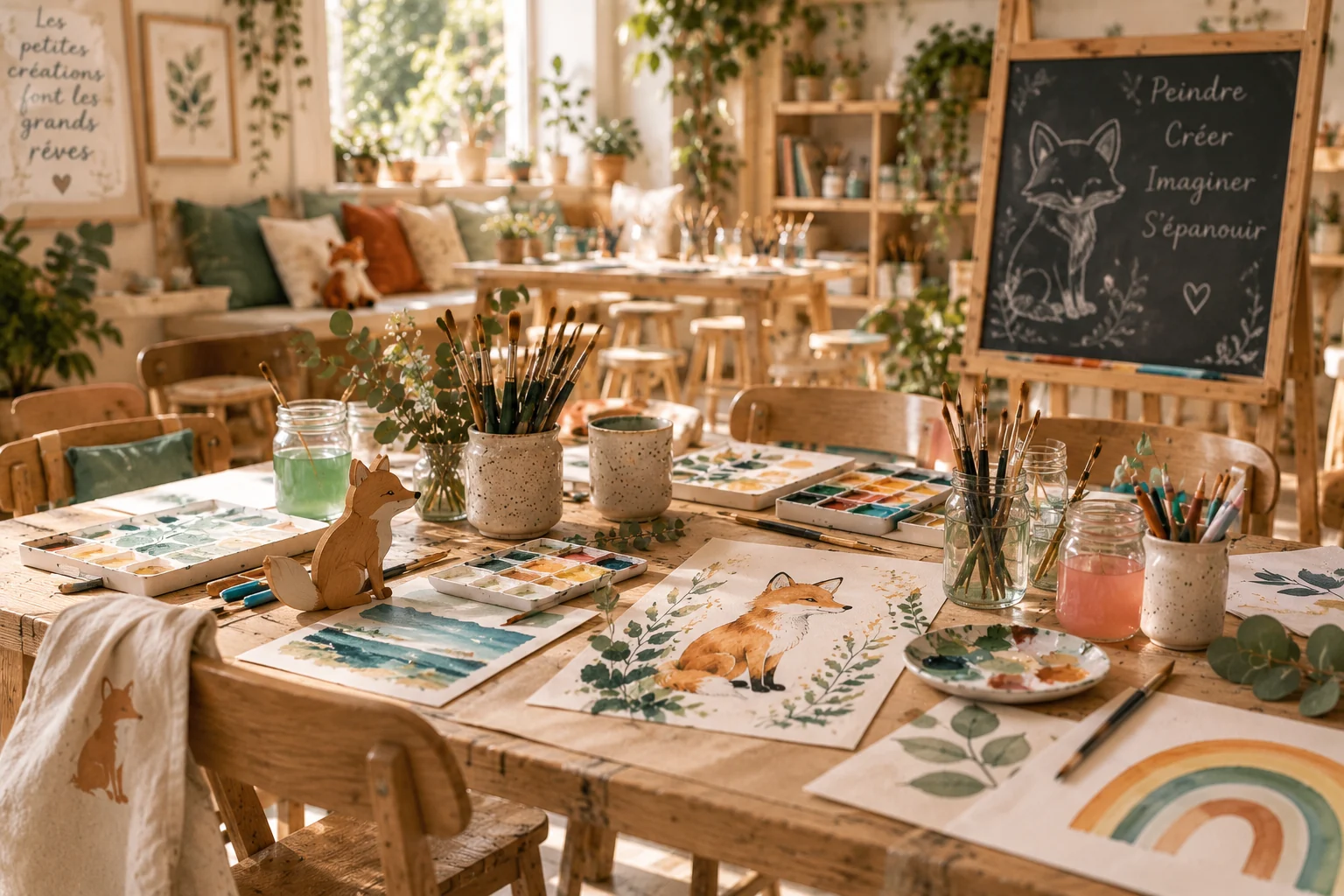 Table d’atelier lumineuse avec aquarelles, pinceaux et créations de renards sur papier