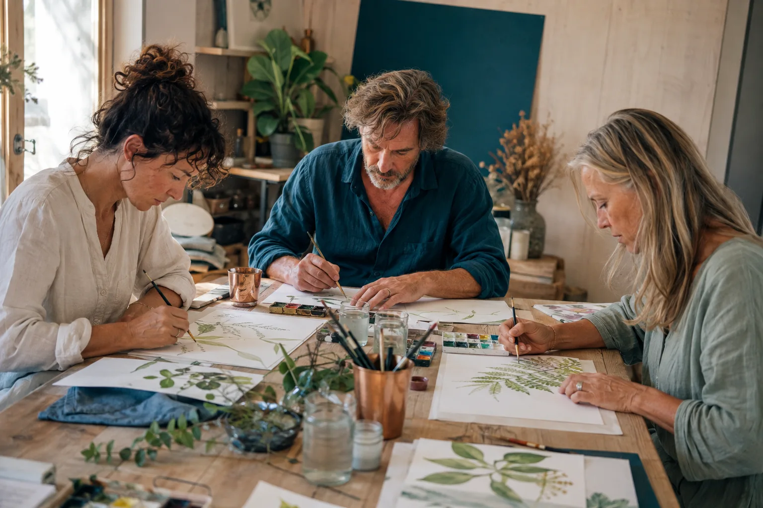 Trois adultes peignant des études botaniques à l’aquarelle autour d’une table