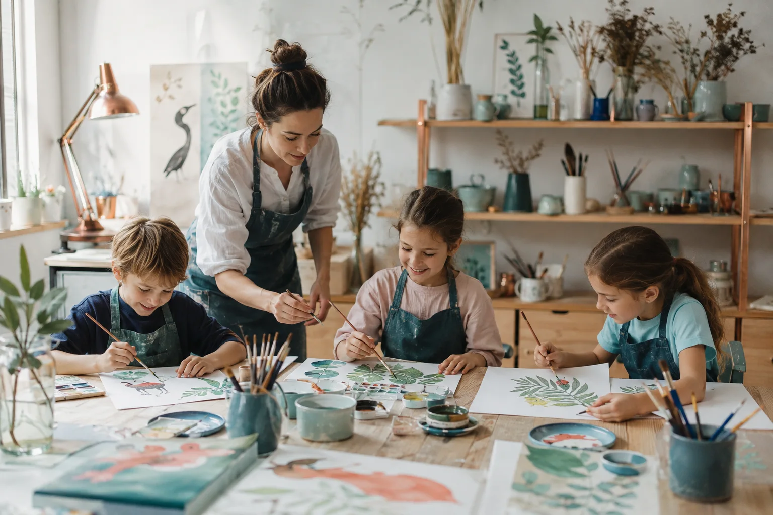 Trois enfants en tablier peignant sur papier avec une animatrice dans un atelier lumineux