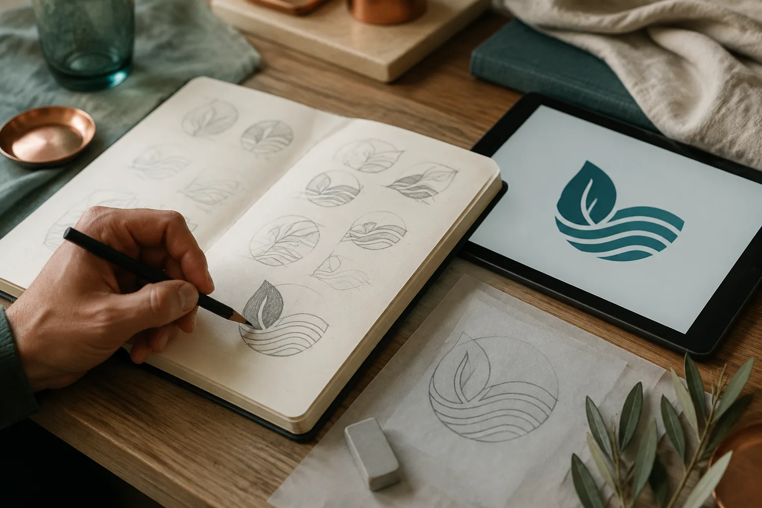 Main dessinant des recherches de logo végétal dans un carnet, à côté d’une tablette
