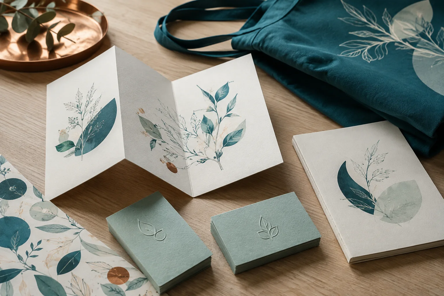 Brochure, cartes et carnet aux motifs végétaux, accompagnés d’un sac bleu canard