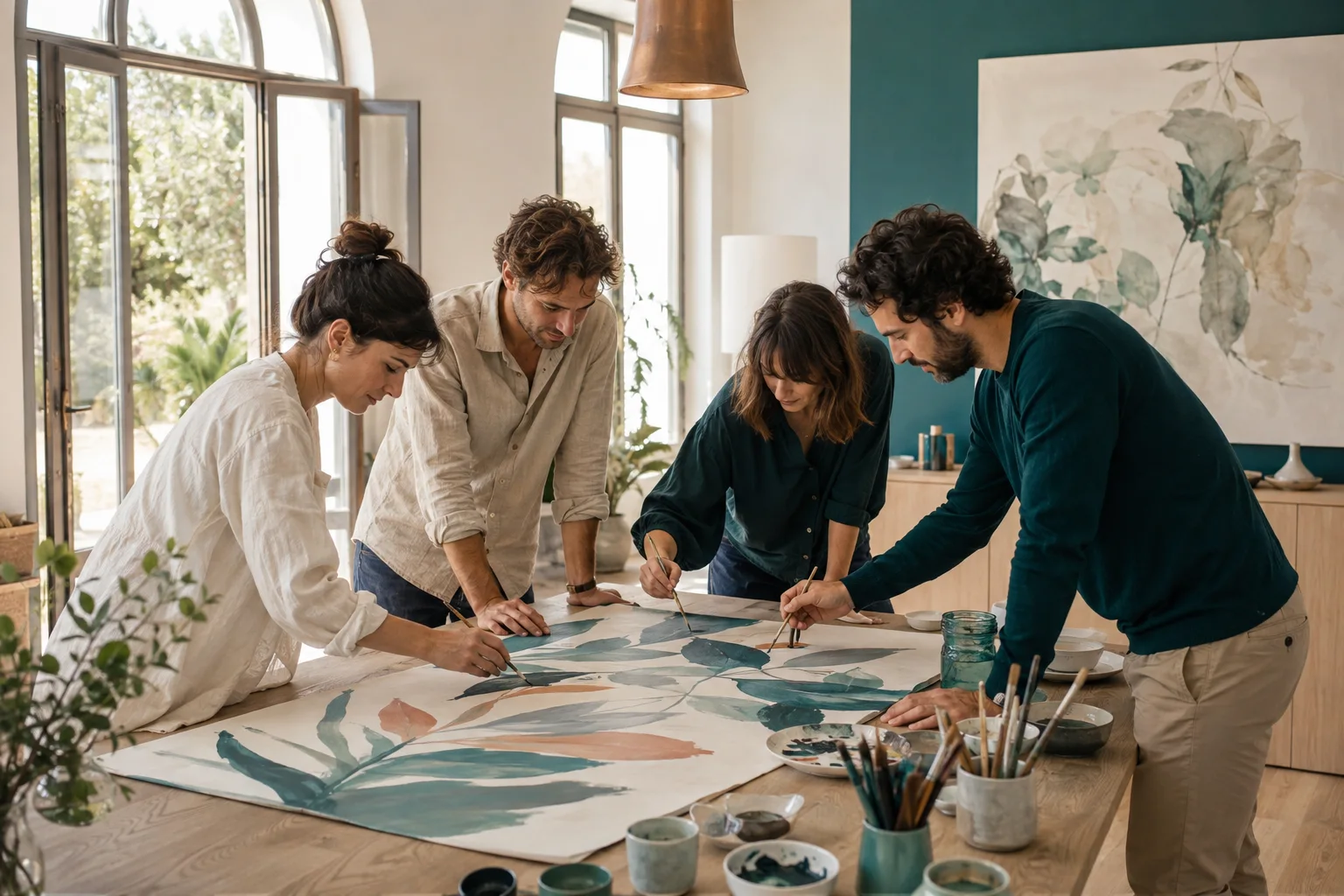 Quatre adultes réalisant ensemble une grande peinture végétale sur une table