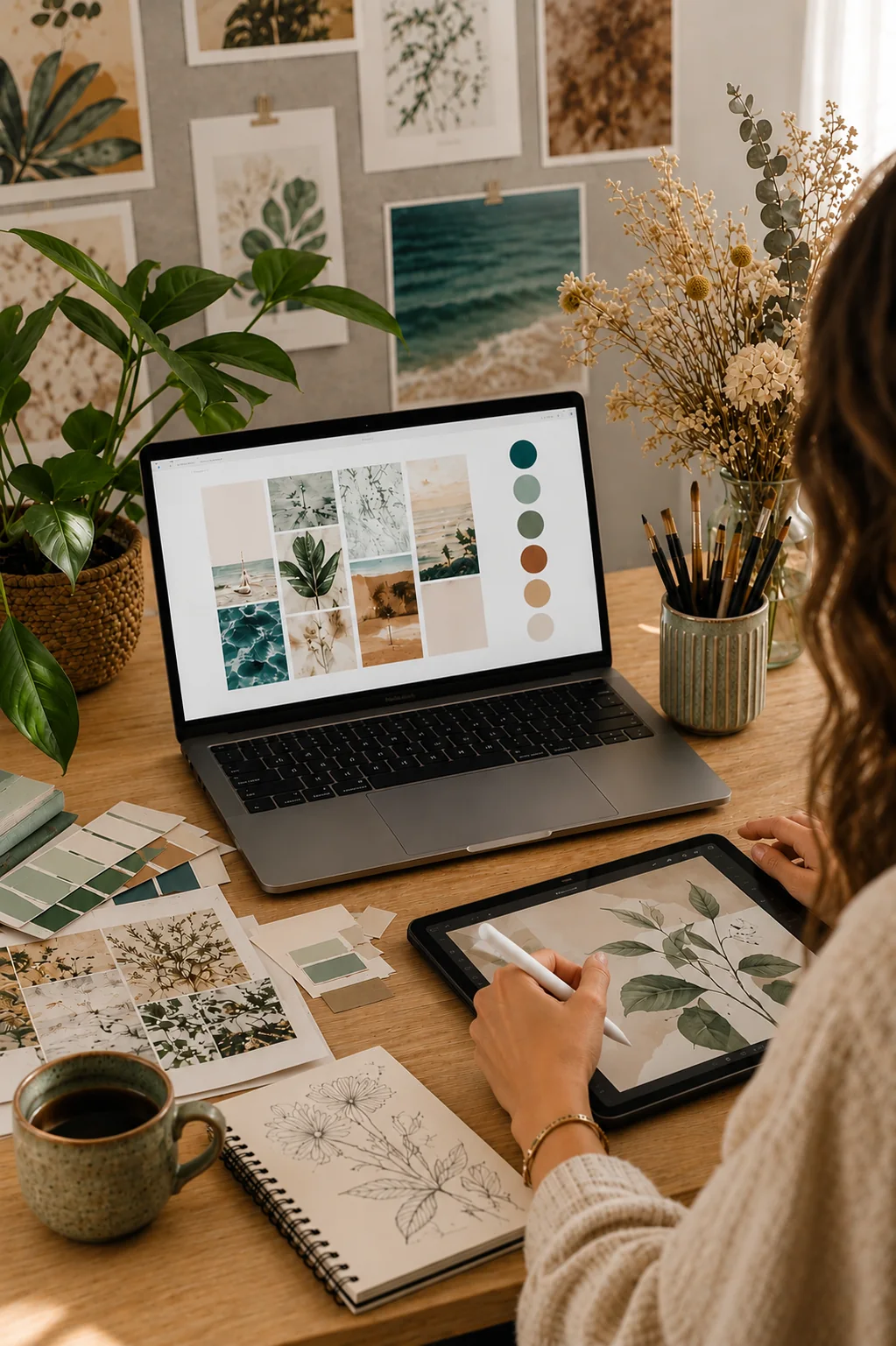 Recherche d’identité visuelle sur ordinateur et tablette dans un studio graphique