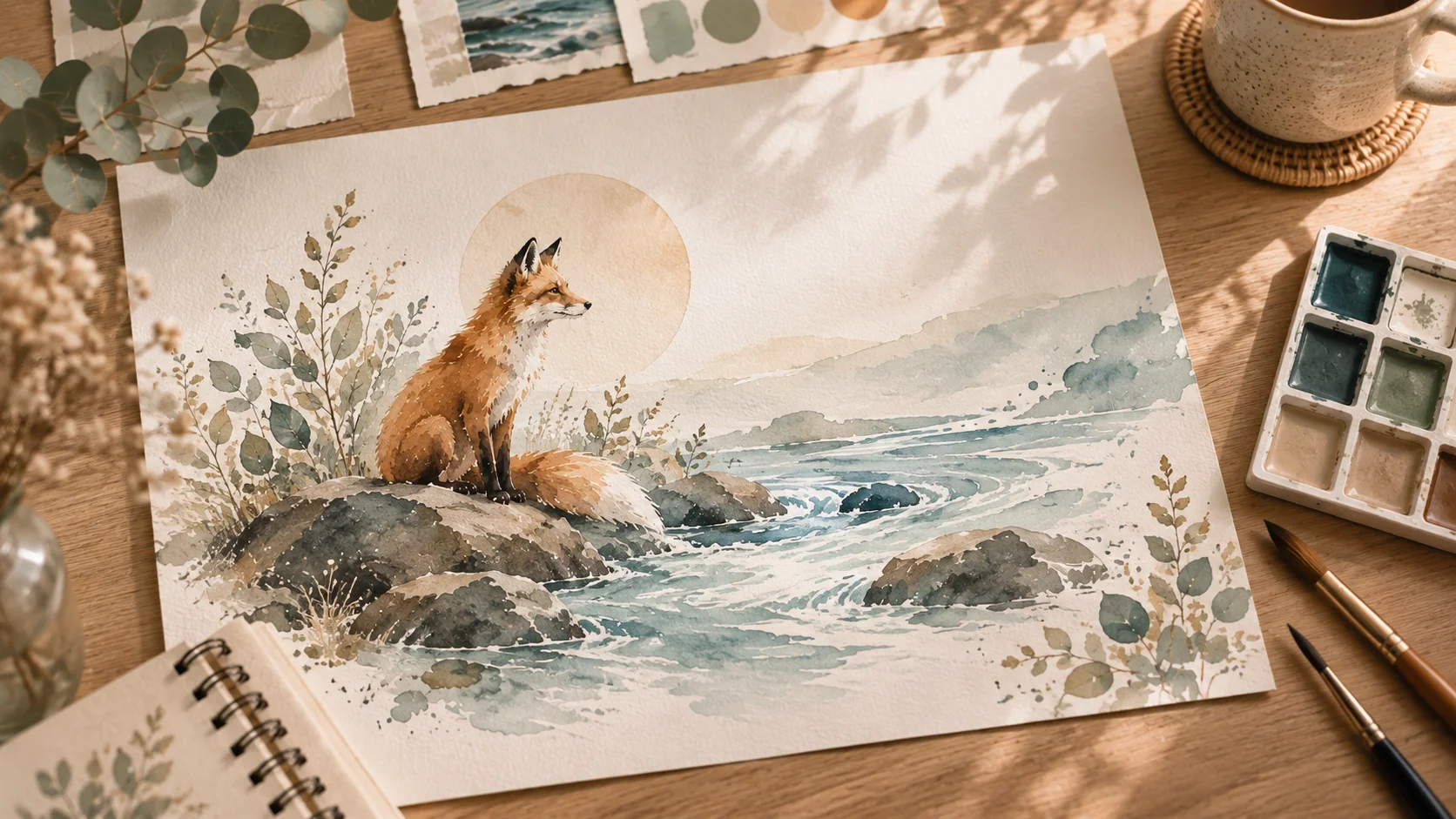 Aquarelle d’un renard ancré sur un rocher au bord de l’eau