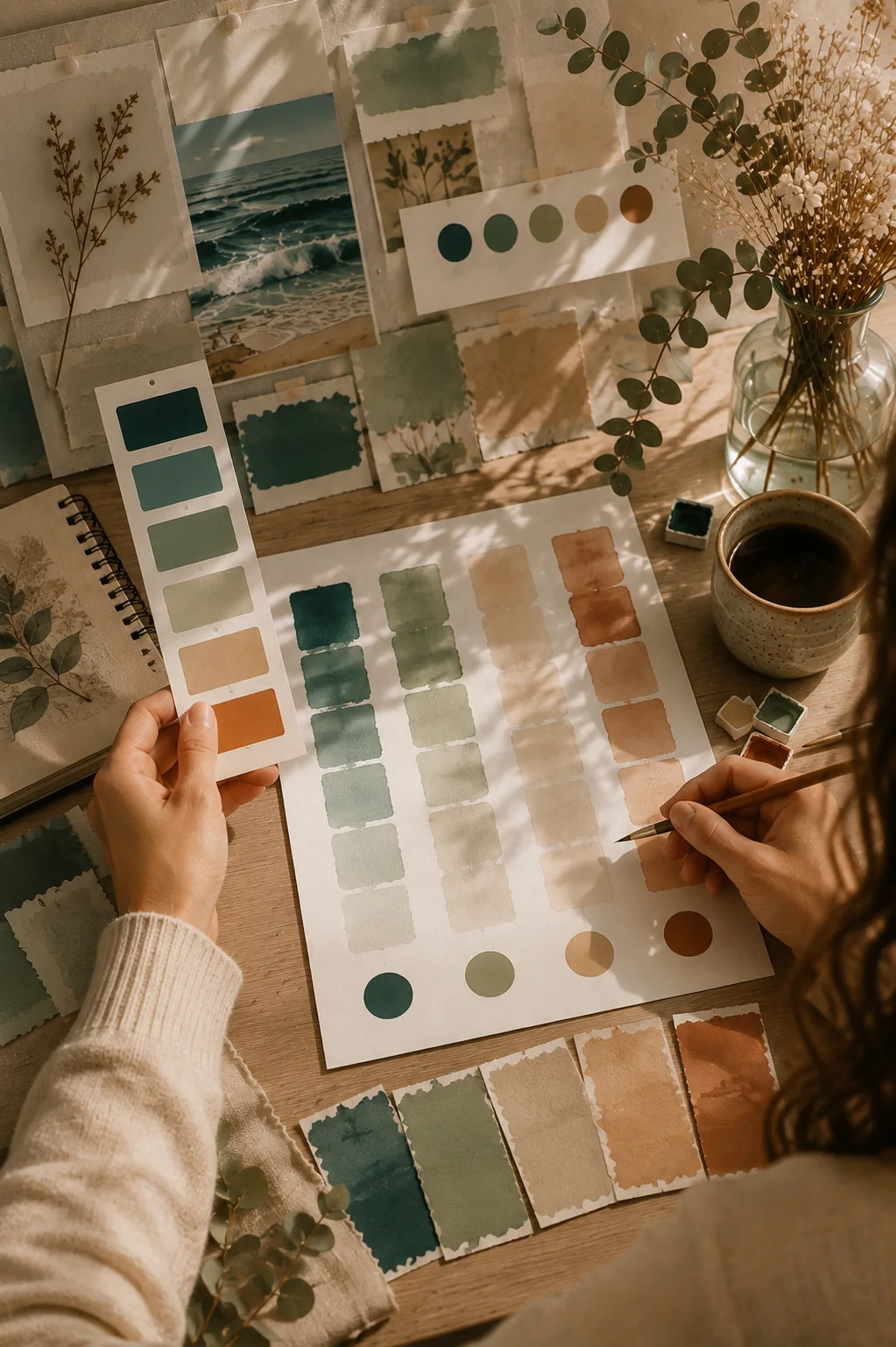 Graphiste composant une palette de couleurs à l'aquarelle pour une identité visuelle