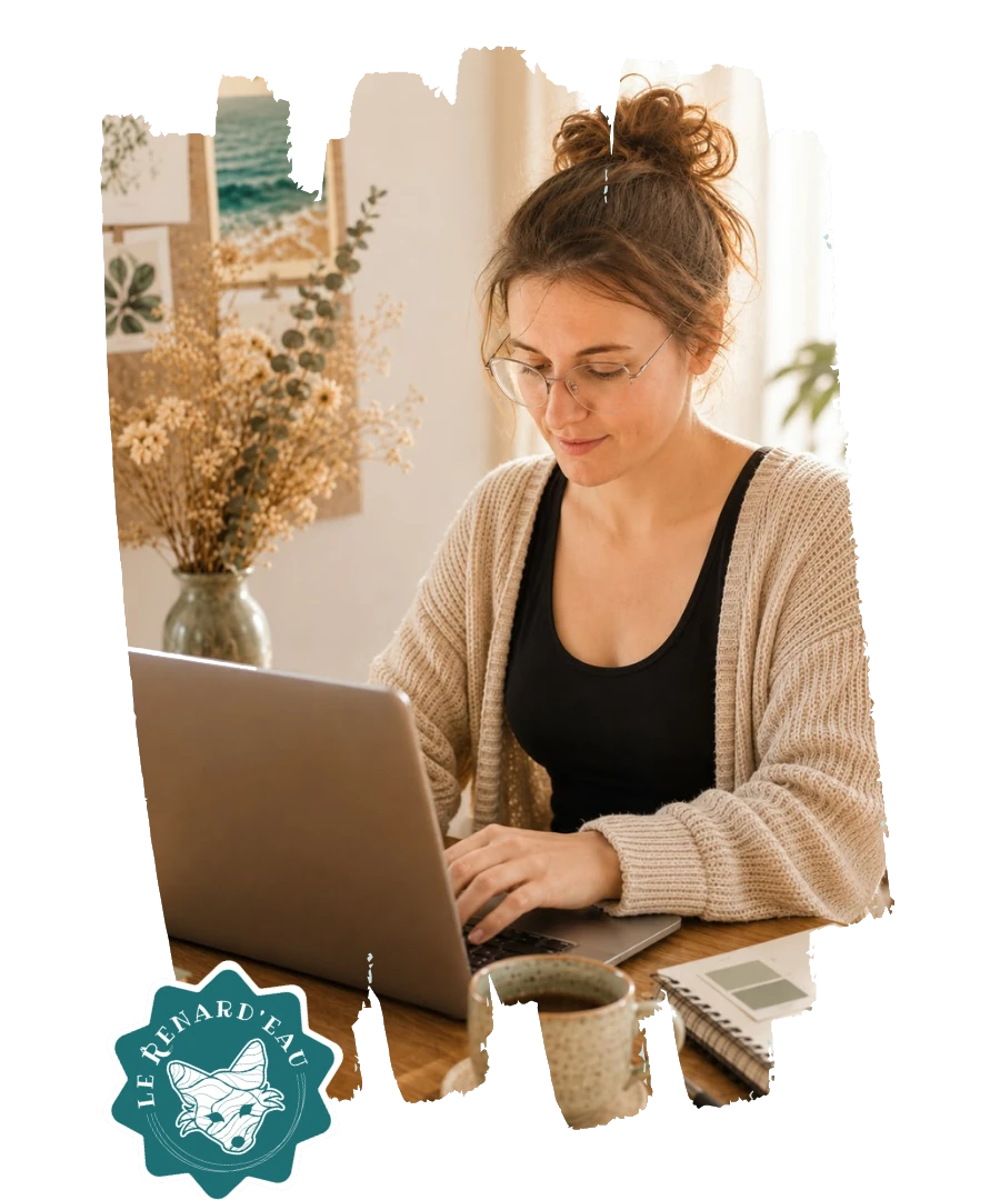 Marjory Labit, graphiste, travaillant dans son studio créatif à Mougins