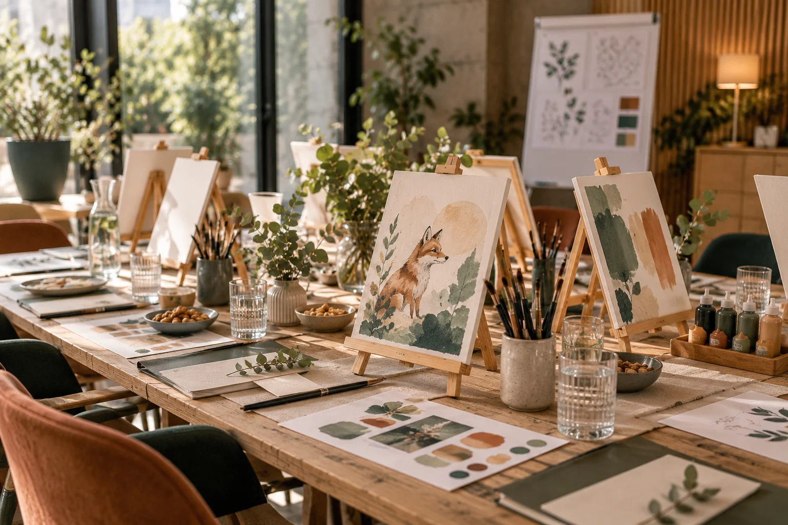 Table préparée pour un atelier artistique avec chevalets, pinceaux et aquarelles